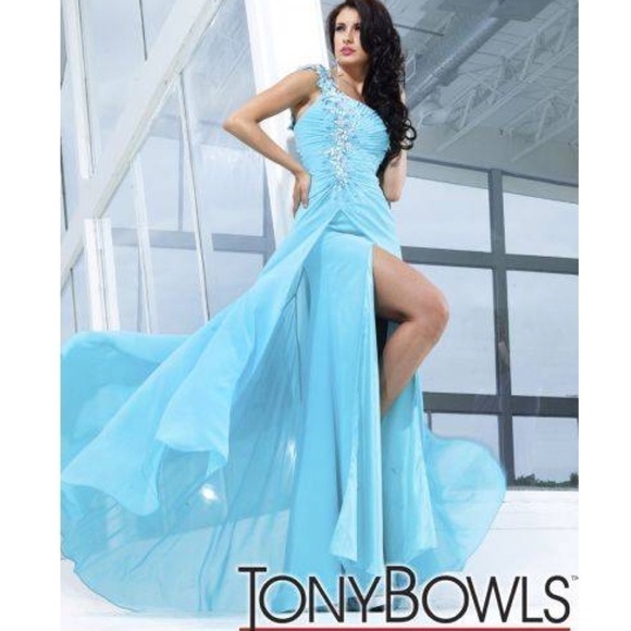 TONY BOWLS BEADED ONE SHOULDER HIGH SLIT CASCADE TRAIN PROM PAGEANT FORMAL GOWN - Picture 1 of 16